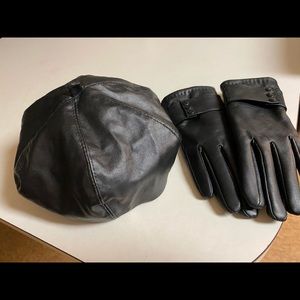 Leather Beret hat with matching leather gloves